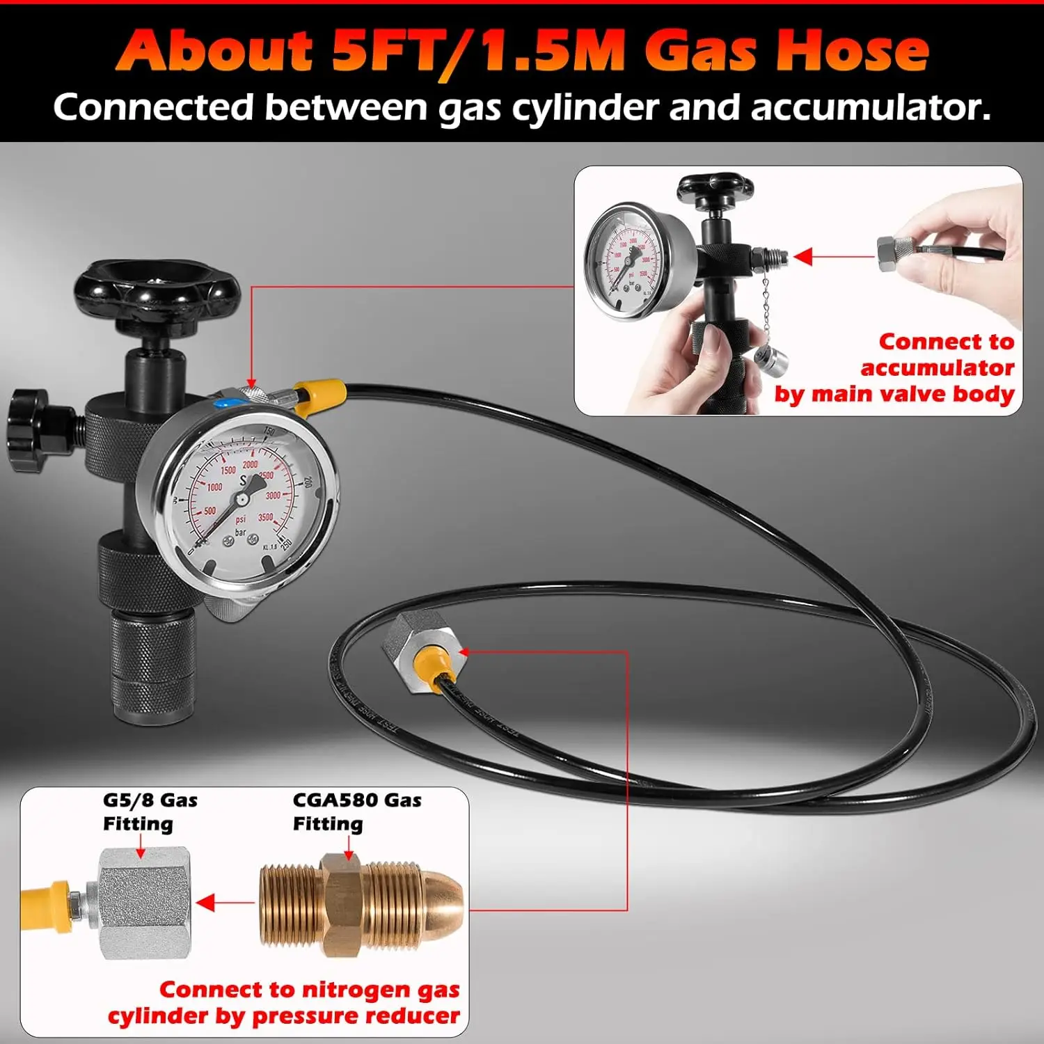 TM GK-01 Hydraulic Nitrogen Accumulator Nitrogen Pressure Test Kit Gas Charging Tools with 3 Gauges 7 Type Adapters