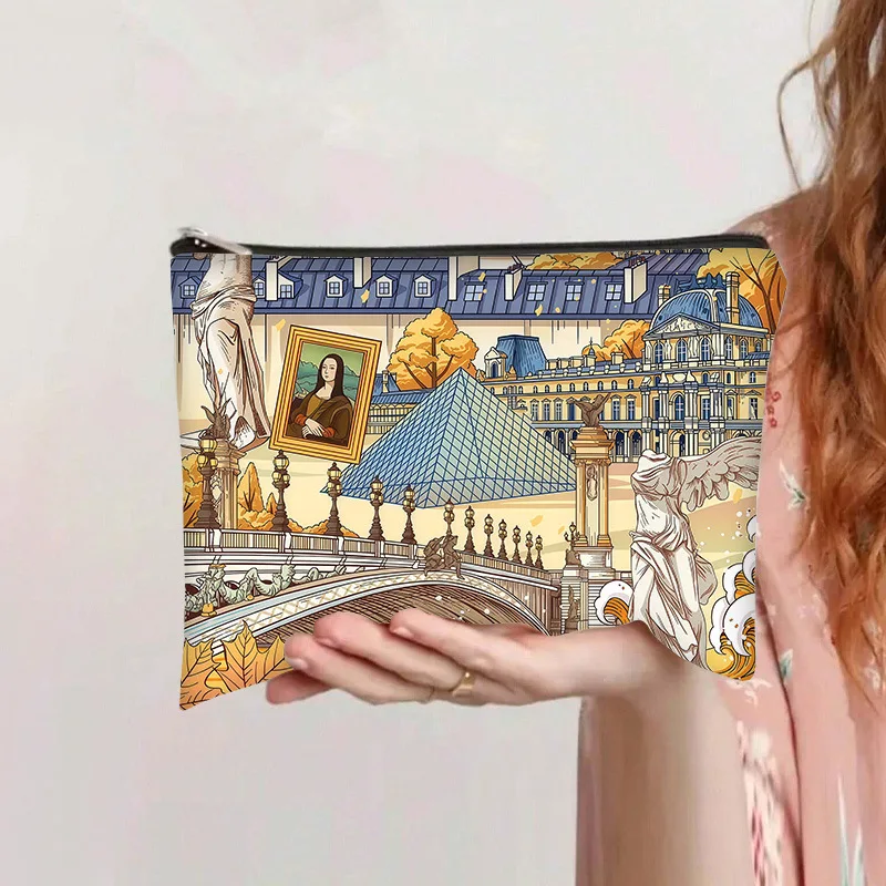 Paris Louvre Landmark Art Print Cosmetic Bag Portable Zipper Makeup Pouch Travel Toiletry Storage Organizer Gift For Art