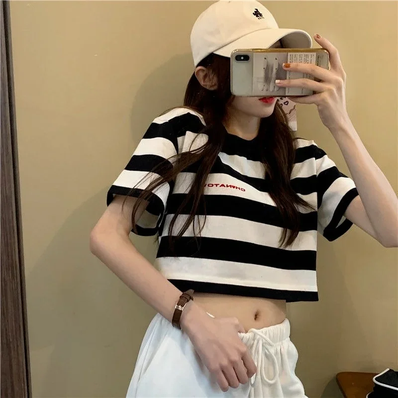 Black White Striped Cropped Top Women Summer New Korean Loose Short-sleeved T-shirt Fashion Egirl Letter Print Oversized Shirt