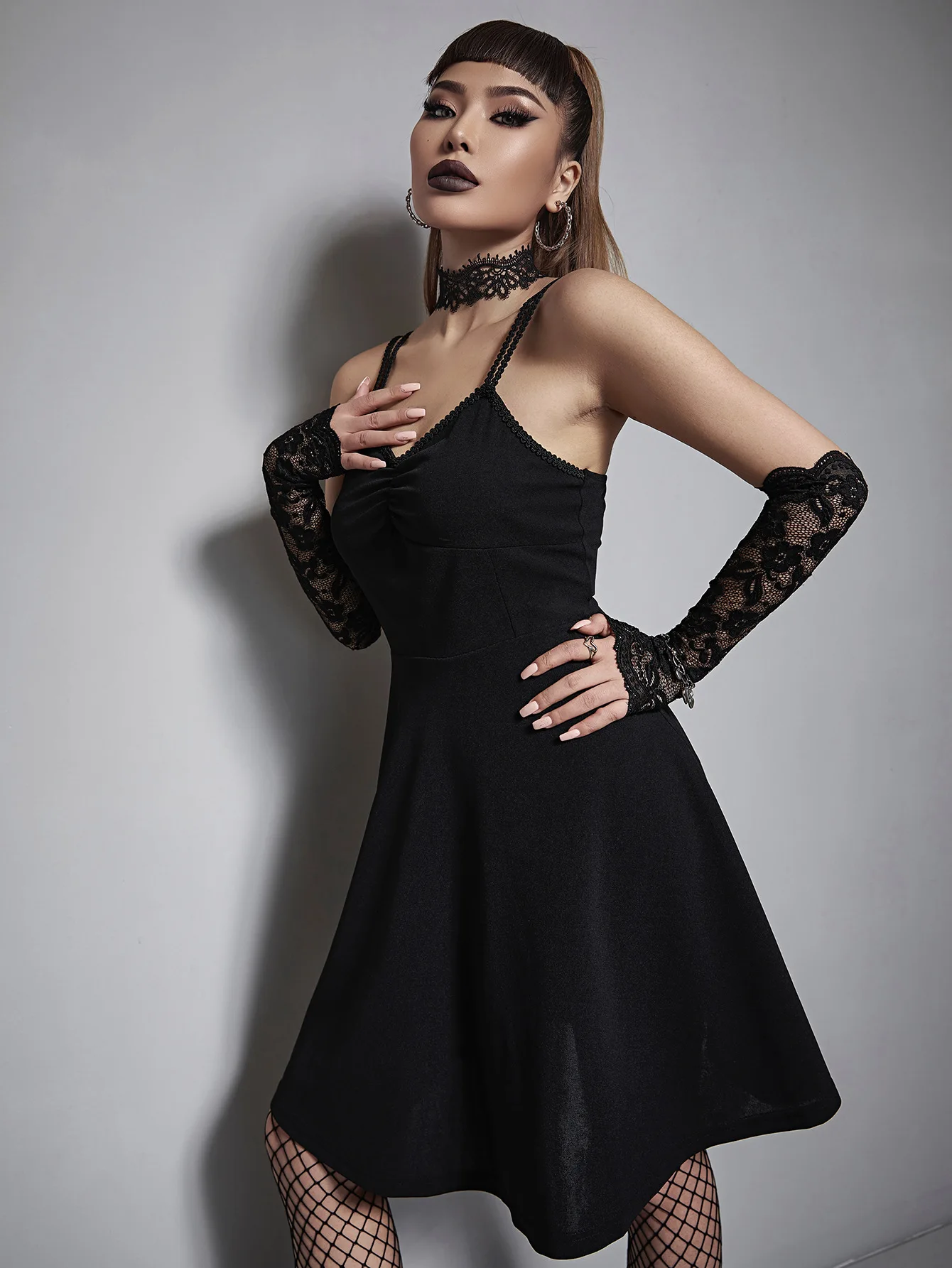 European and American Goths Style Solid Color Dark Girl Elastic Sling Dress