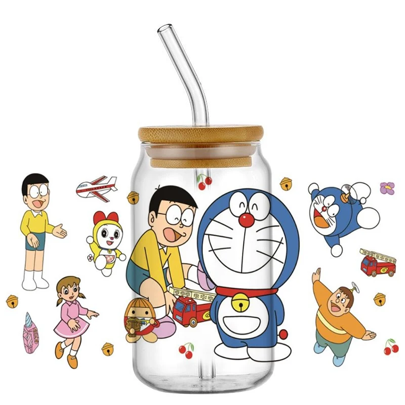 Blue Robot Cat Cartoon UV DTF Wraps, Cute Anime Friend Themed Stickers for 16oz Glass Cans, Waterproof DIY Transfer Decals
