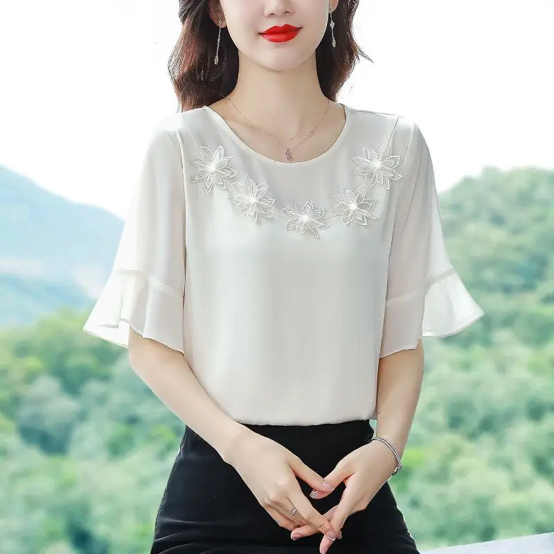 Summer New Chiffon Loose All-match Shirt Tops Round Neck Flare Sleeve Solid Color Blouse Elegant Fashion Women Clothing