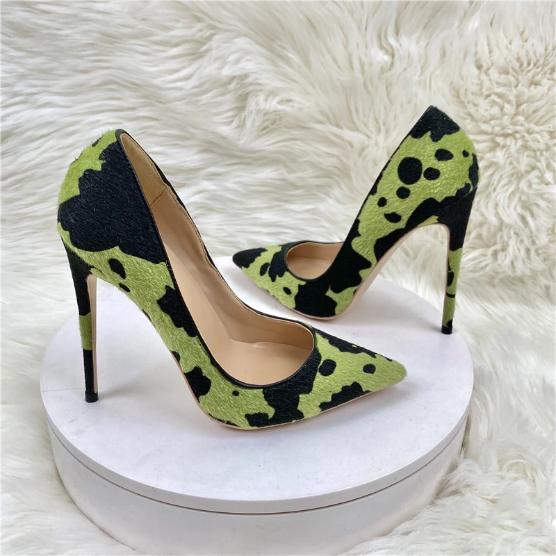 Tikicup Hairy Grafitti Pattern Women Green Pointy Toe High Heel Shoes Unique Design Sexy Slip On Stiletto Pumps Plus Size 33-46