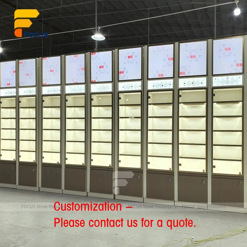 custom.Retail Display Showcase Illuminated Wall Cabinet Glass Shelves Light Box Top Lockable Storage Display Unit