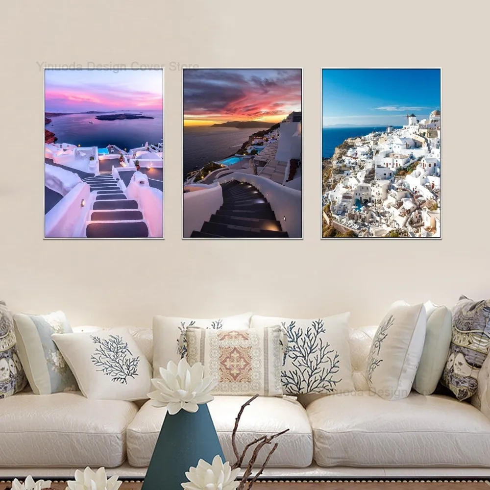 1pc Landscape Nordic Barcelona Santorini Positano Poster Self-adhesive Art Poster Waterproof Paper Sticker Wall Decor