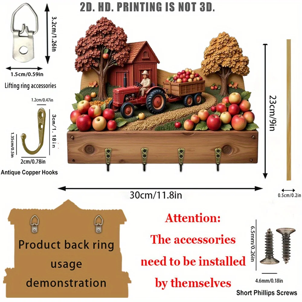 2D Plane, Single Pack, Harvest Tractor Apple Key Hook, Wooden Multi-functional Home Key Rack with 4 Metal Hooks, Wall Decoration