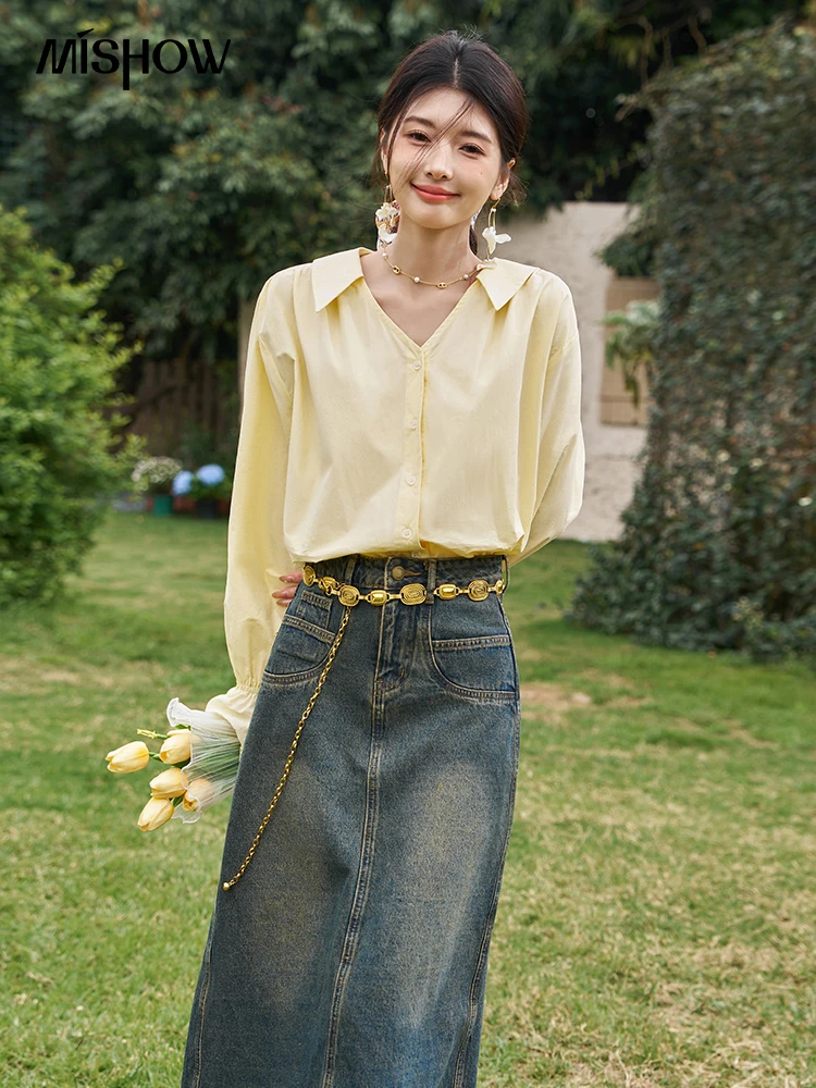 MISHOW 100 Cotton Light Yellow Shirt Spring 2024 Korean Polo V Neck Flare Sleeve Lace Stitching Cuffs Versatile Tops MXD12C0157