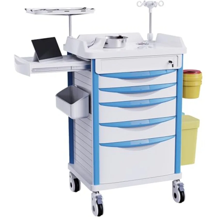 

Adjustable Rolling Medical Storage Crash Cart - Includes Silent Casters, IV Pole, Needle Disposal Holder, Trash Bin and O2 Hold