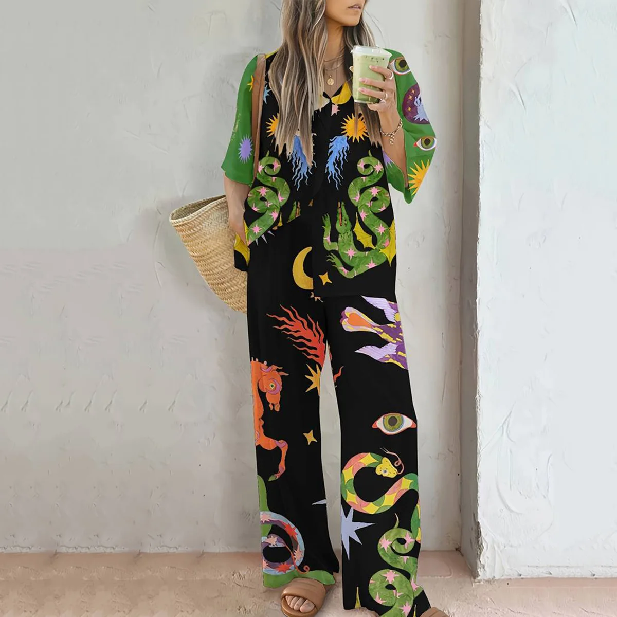 Loose Casual Two-Piece Set Long Pants Seven-Quarter Sve Outfit Large Size Cross-Border ular Spring Faion Set