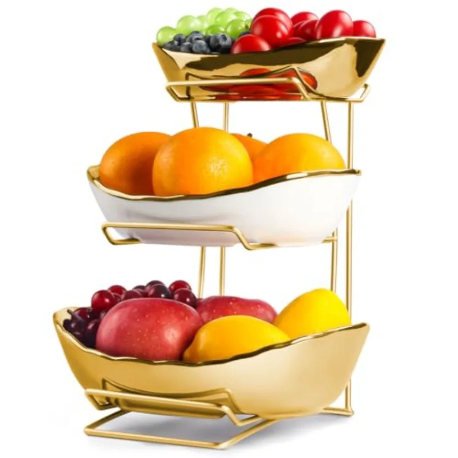 

3 Tier Fruit Basket for Kitchen Counter Detachable Ceramic Fruit Bowl Set with Metal Stand Tiered Fruit Holder for Fruit Vegeta
