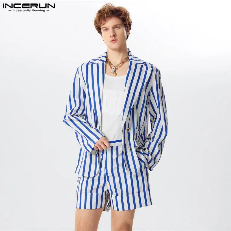 INCERUN Men Striped Sets Streetwear Long Sleeve Double Breasted Blazer & Shorts Two Pieces Sets 2024 Fashion Men\'s Casual Suits