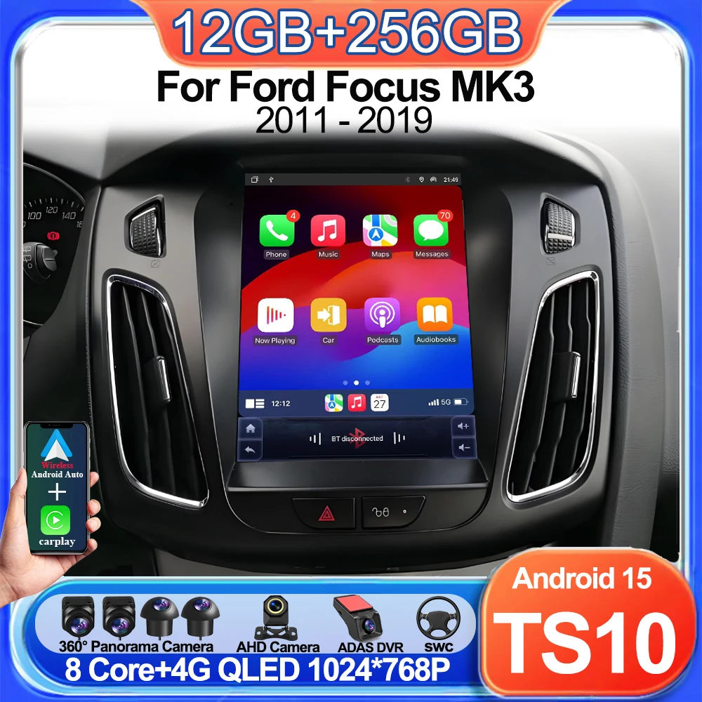 

9,7-дюймовый Android 15 для Ford Focus MK3 2011-2019, беспроводной CarPlay, автомобильный мультимедийный плеер, видео, GPS-навигация, 5G, 2DIN, Wi-Fi