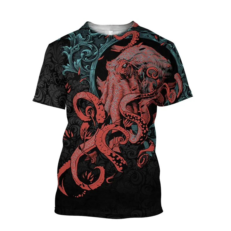 Men'S New Summer 3d Printing Hd Printed O-Collar Short Sleeve T-Shirt Ocean Octopus Art Personality Retro Oversizeds Loose Top