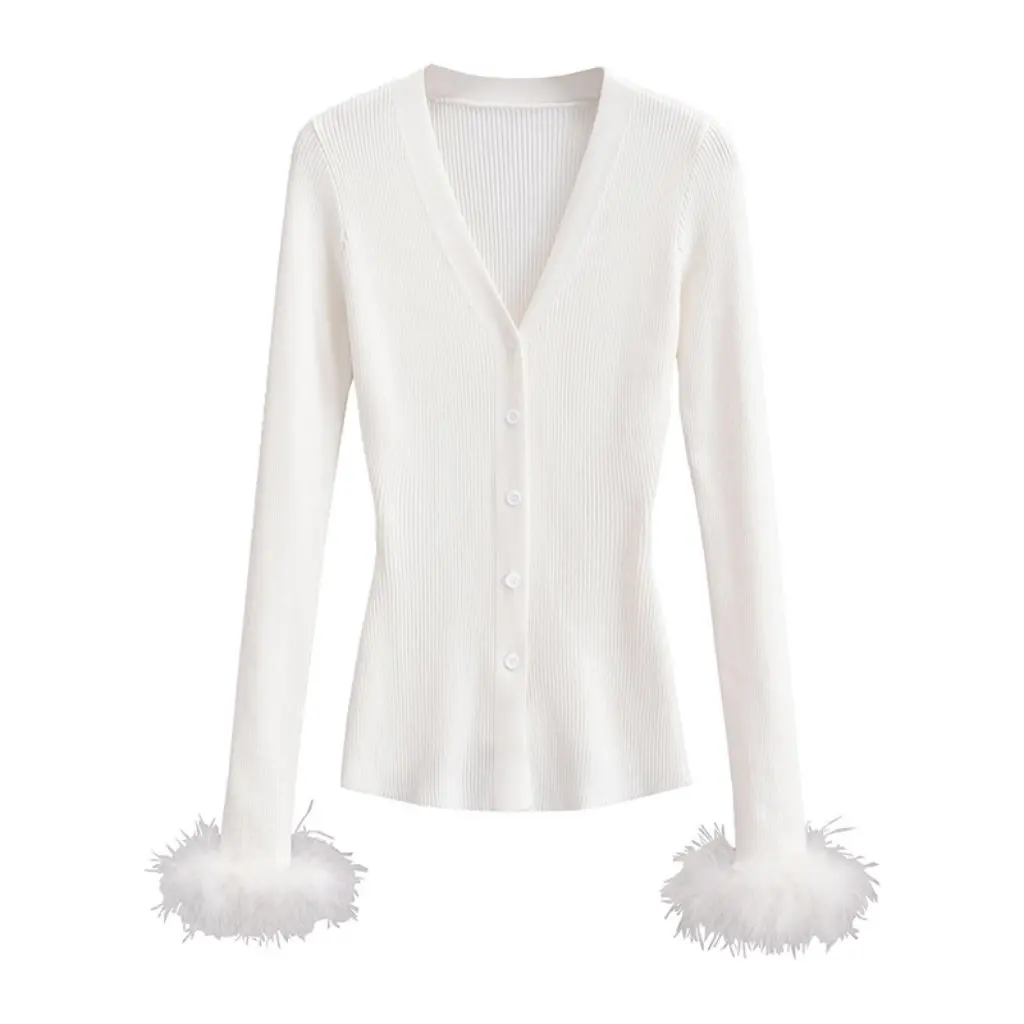 

Furry V-neck Knitted Cardigan Long-Sleeved Cuff Autumn High-Grade Slim Fit Inner Wear Top for Women