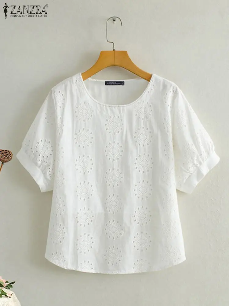 ZANZEA Casual Loose Holiday Tops Patchwork Solid Vintage Women Blusas Hollow Out Lace Elegant Short Sleeve 2024 Summer Blouses