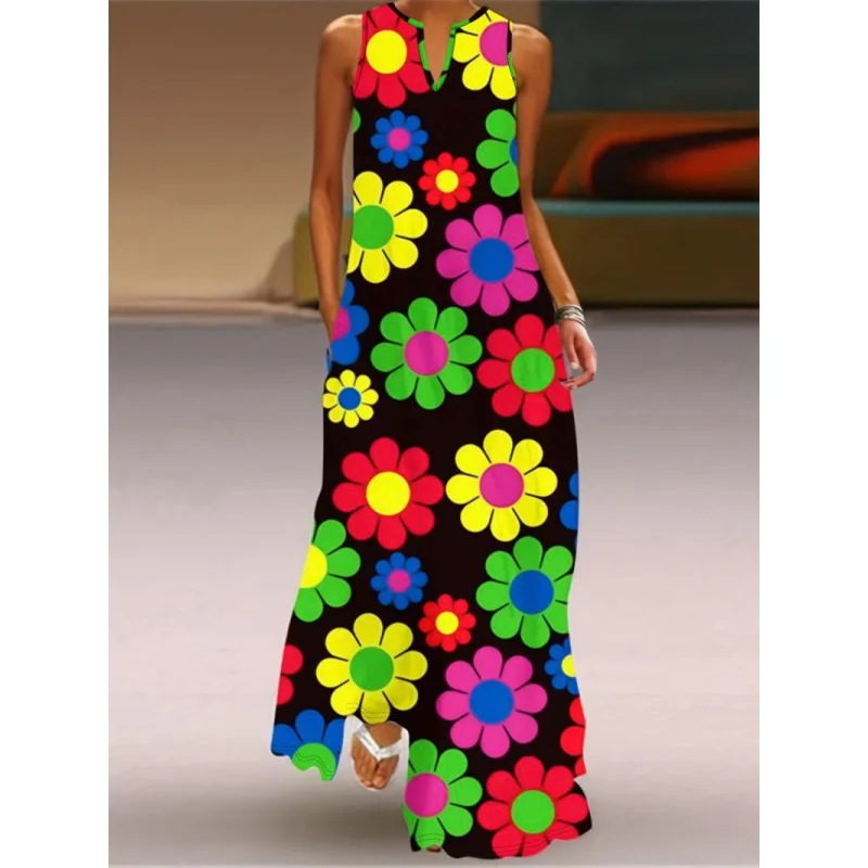 カラフルな花柄、欧米風ニューレトロプリント、ゆったりフィット、Vネックノースリーブサマードレス