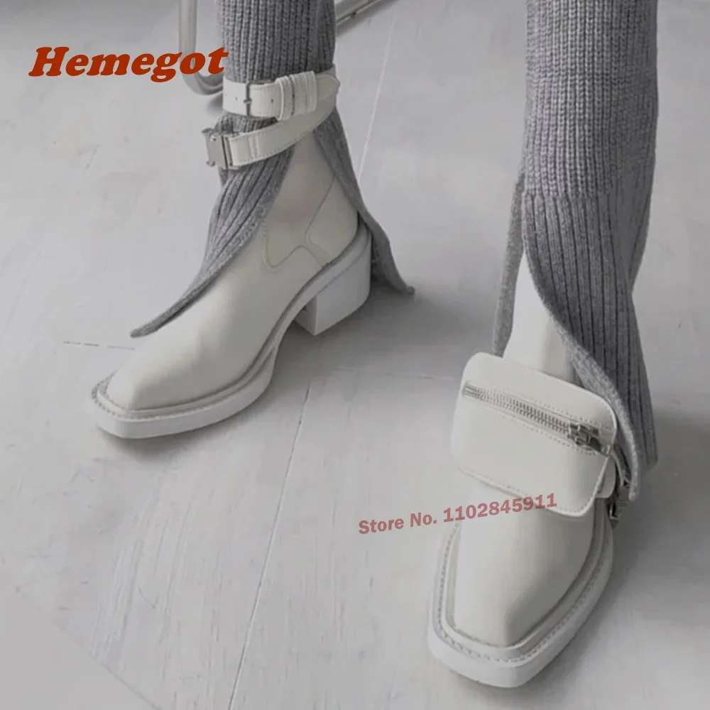 

White Pocket Chunky Heels Ankle Boots Square Toe Buckle Chelsea Boots Winter Spring Shoes for Women Casual Leather Solid Sexy