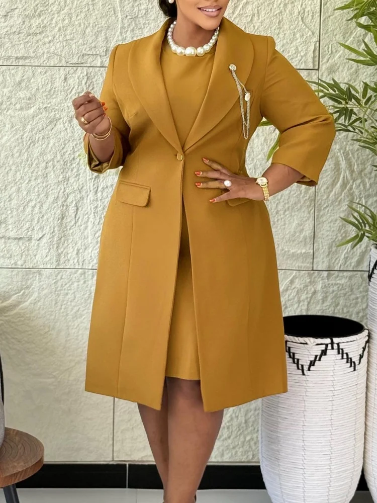 Women Two Piece Suit Set 3 4 Sleeve Lapel Long Blazer Solid Round Neck Mini Dress Elegant Formal Office Wedding Guest Outfit