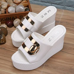 Platform Chain High Heels Slippers Women's Wedding Shoes Summer 2023 New Casual White Black Wedges Slides Ladies Beach Slippers