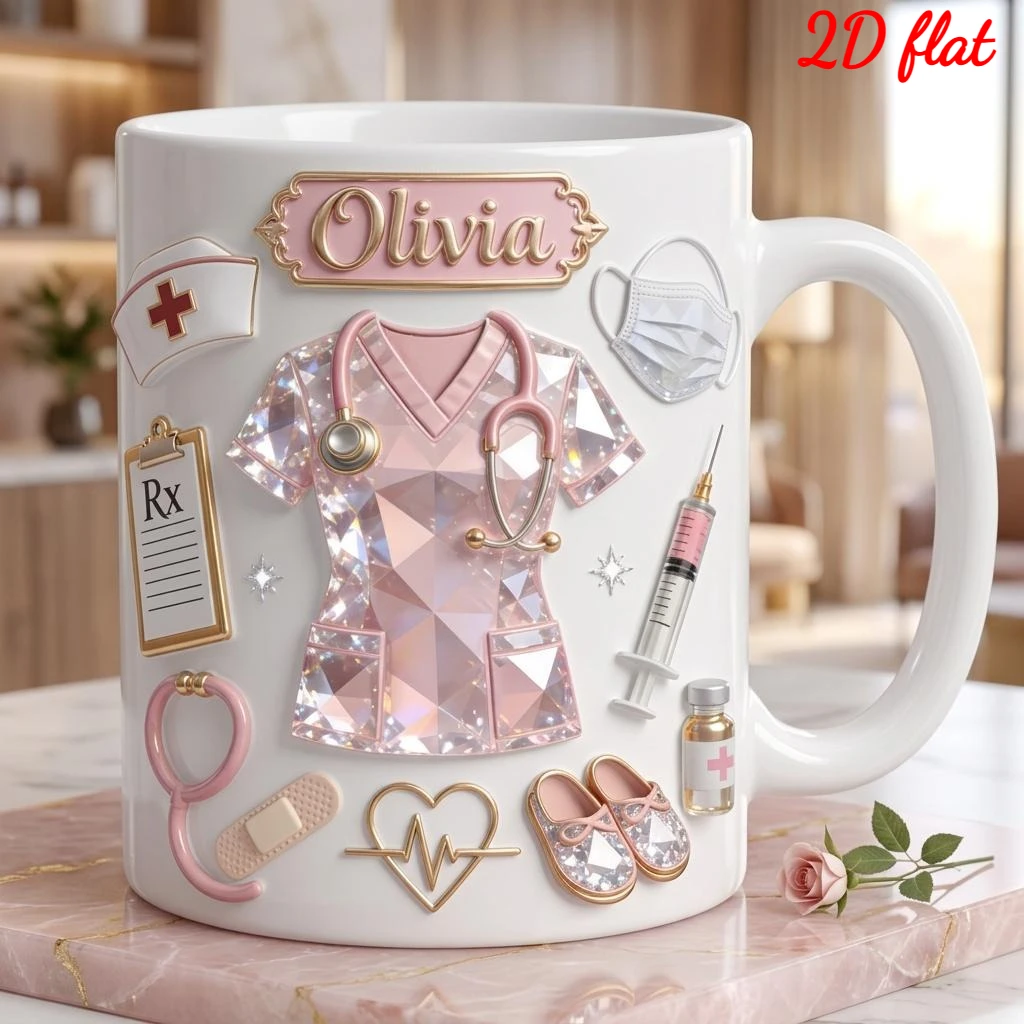 Personalized Nurse Mug 11oz Custom Name White Ceramic Coffee Cup Pink Uniform Print 2D Design Microwave Safe Gift Medical Worker