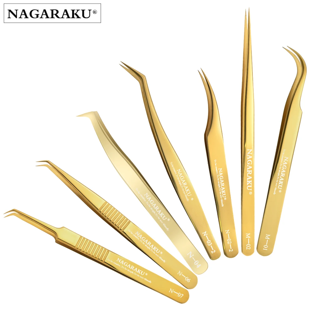 Pinzas para extensión de pestañas NAGARAKU, herramientas de maquillaje, estilo dorado de acero inoxidable