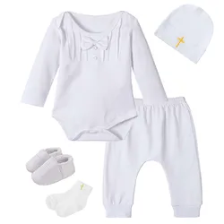 Baby Boy Baptism Outfit Newborn Girl Christening Birthday Party Clothes Set White Long Sleeve + Pants + Hat + Socks + Shoes 5PCS