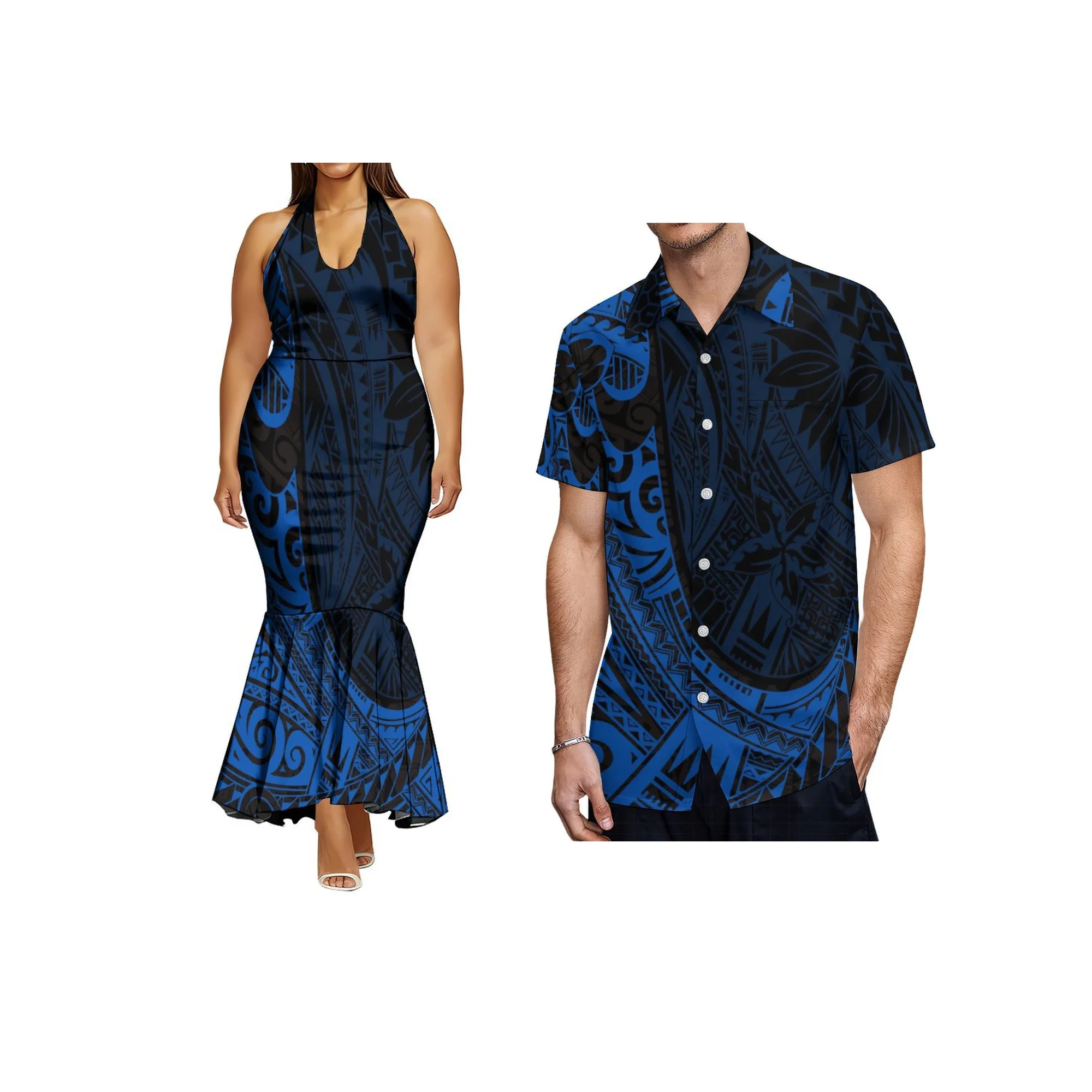 رائجة البيع Bodycon حورية البحر فستان الرسن مباراة حجم كبير ألوها الرجال قمصان صيفية الجانب سستة فساتين مخصص زوجين الملابس 2 قطعة