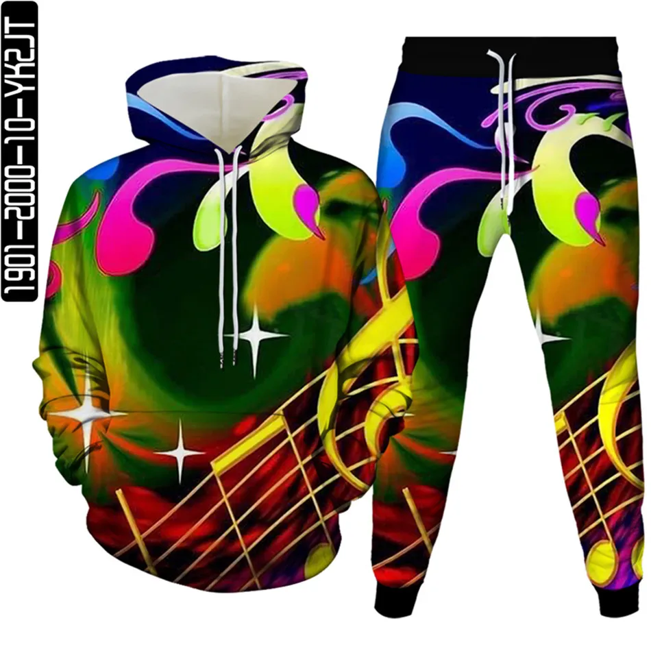 Chándal con estampado 3D de nota Musical para hombre y mujer, conjunto de 2 piezas, Sudadera con capucha y pantalones largos, ropa deportiva de moda, traje de S-6, otoño y primavera