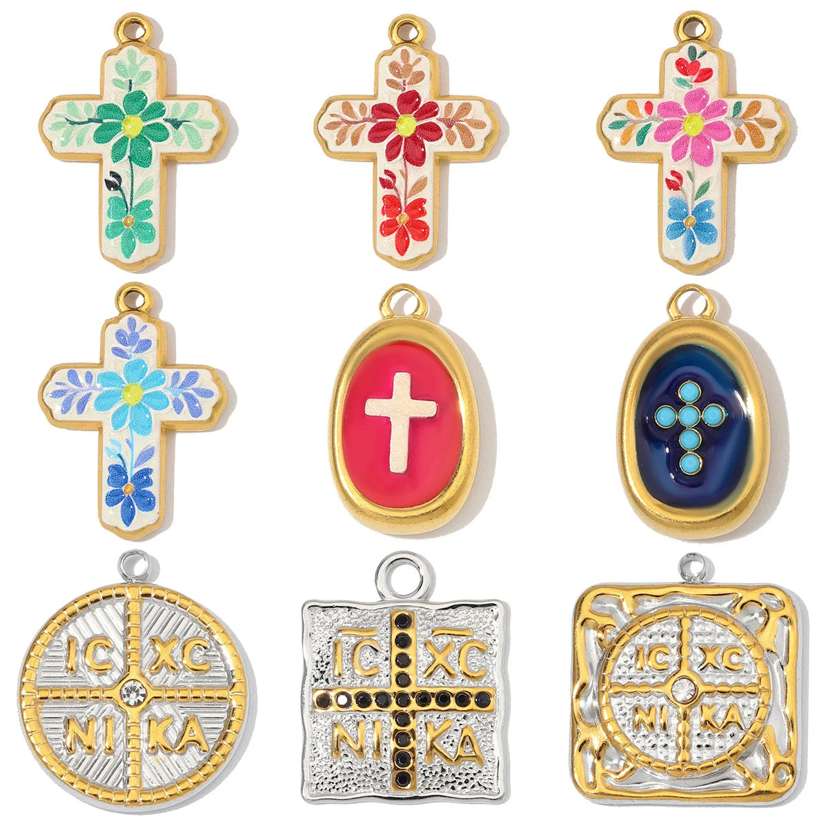 3pcs/Lot Stainless Steel Enamel Cross DIY Charms Bike Coffee Cup Cat Necklace Pendants Woman Italian Words Jewelry Wholesal