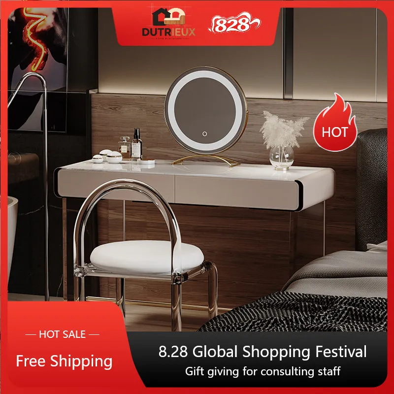 Outlet Luxury Lights Vanity Tables Nordic Lock Simple Wood Makeup Desk Dresser Bedroom Girl Glass Coiffeuse De Chambre Furniture