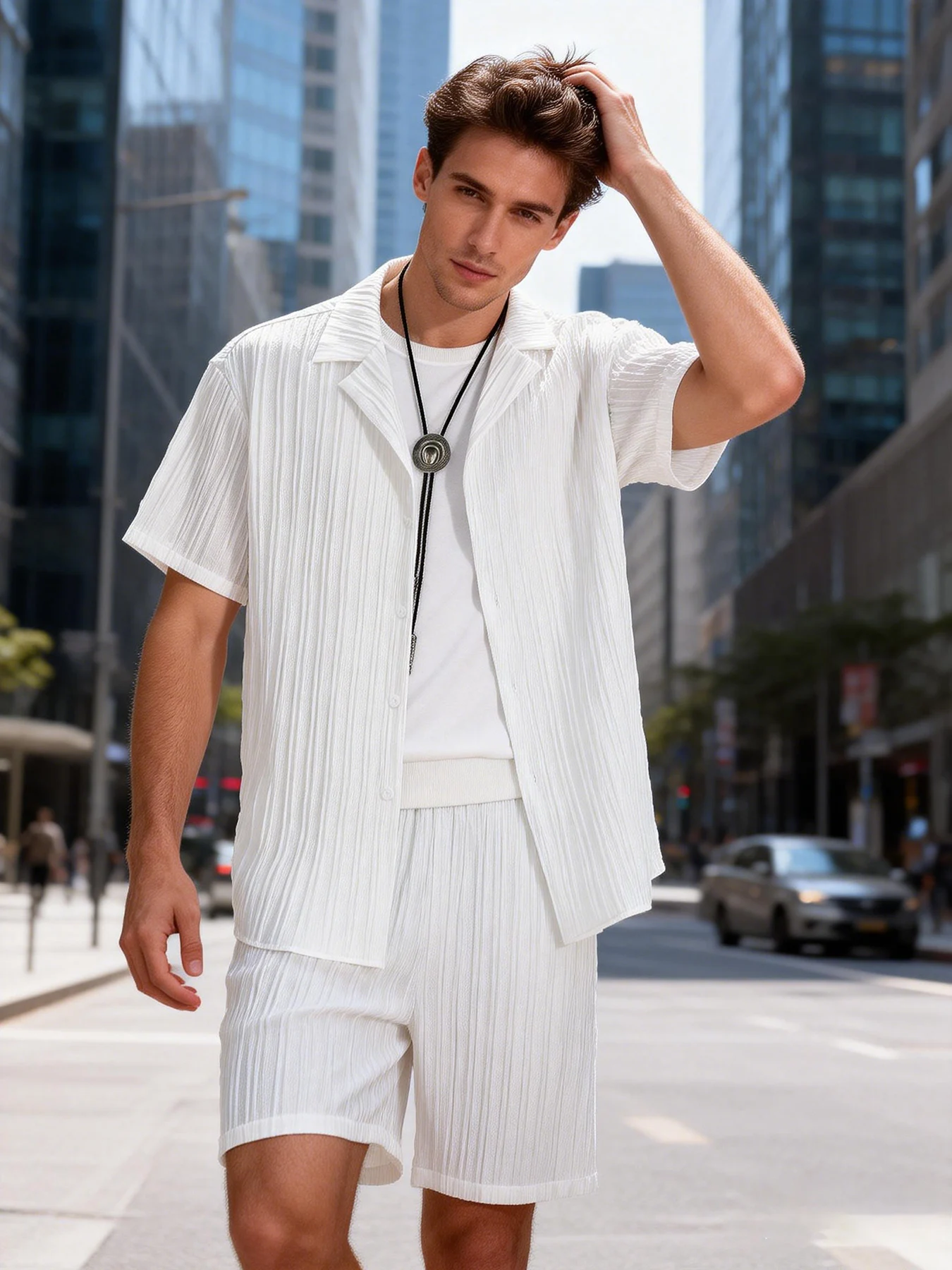 

Men's White Vertical Striped Textured Cuban Collar Shirt Casual Set 2 Piece Summer Short Sleeve Drawstring Shorts Outfit