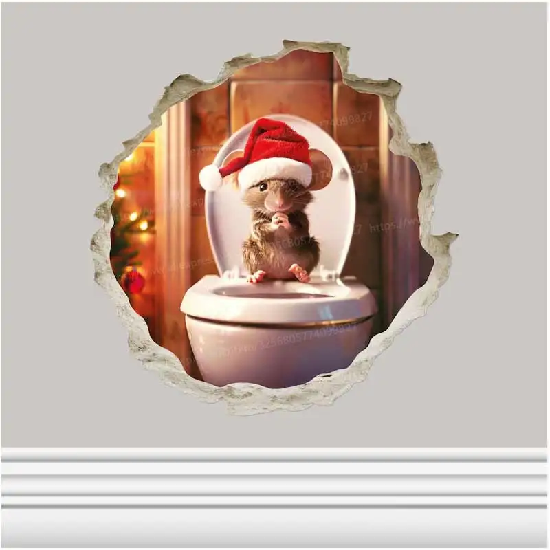 Christmas Mouse In Hole Wall Sticker Bedroom Entrance Living Room Porch Home Decora Waterproof Decals Stickers M1446