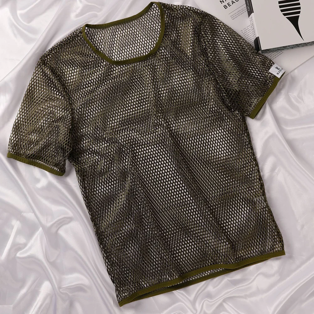 1pc Men Mesh See Through T-Shirt Hollow Out Sexy Fishnet Clubwear Short Sleeve Undershirt Top Tee Breathable Streetwear