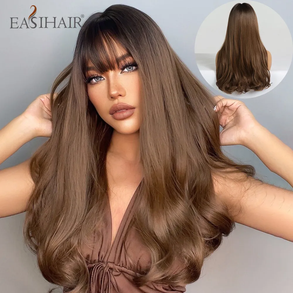 EASIHAIR Wig Sintetis Panjang Berombak dengan Wig Wanita Cokelat Kastanye Bang untuk Cosplay Pesta Sehari-hari Rambut Wanita Serat Tahan Panas