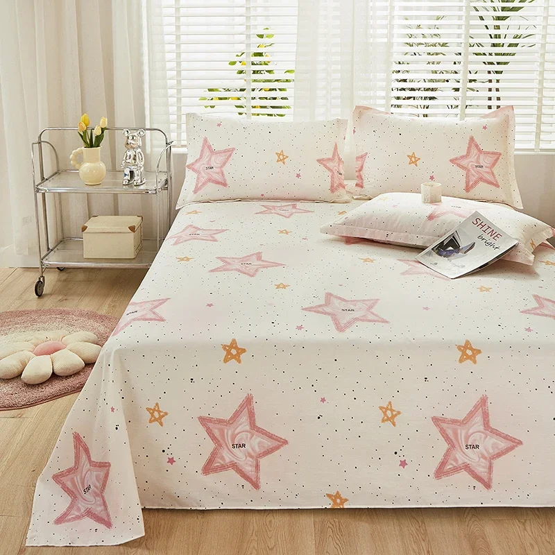 Pink Star Flat Sheet, Soft Cartoon Bed Sheet Set Cotton Romantic Galaxy Starry Sky Bed Cover with 2 Pillowcase Single Queen Size