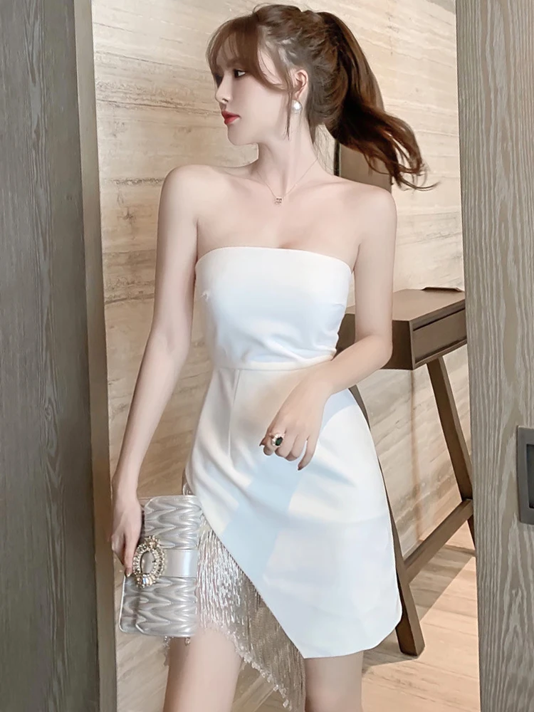 

Sexy Mini Dress Women 2022 White Beaded Tassel Strapless Backless Off Shoulder Package Hip Slit Lady Gown Inner Simple Vestidos