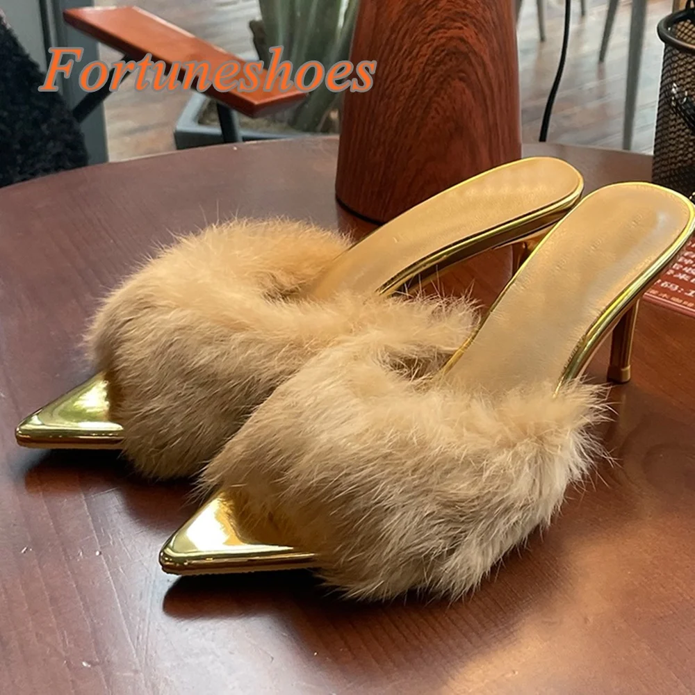 

Fur Gold Solid Slip On Women Slippers Stiletto High Heel Peep Toe Pumps 2025 New Arrivals Fashion Dress Casual Spring Slippers