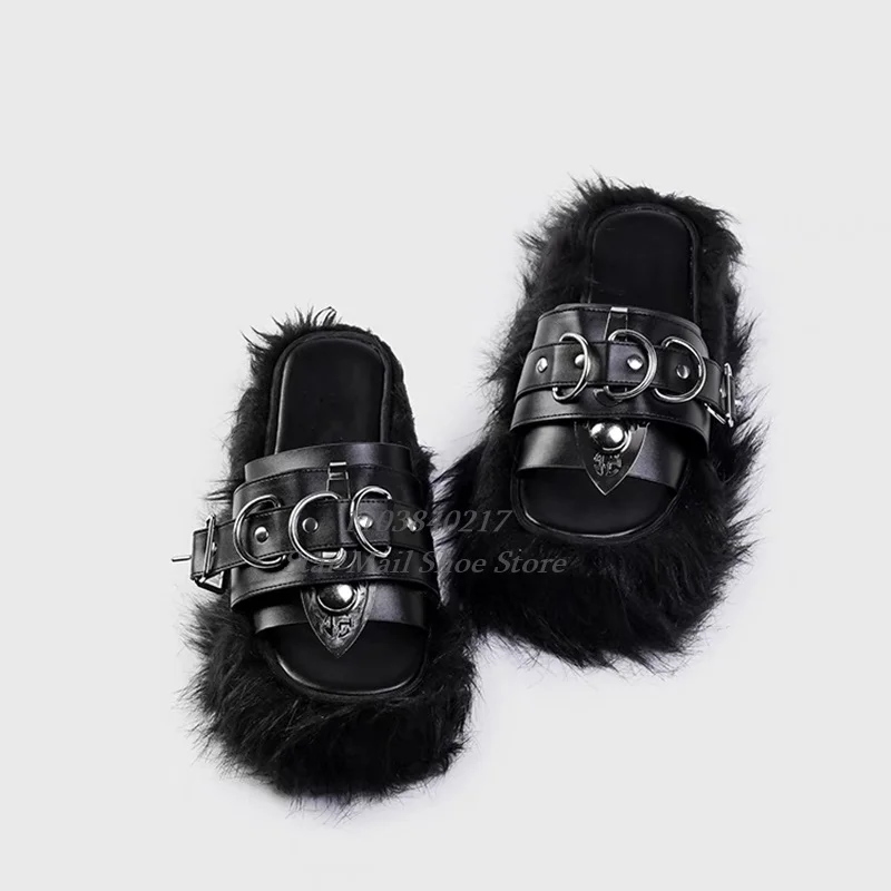 Punk Style Fashion Catwalk Furry Slippers Round Toe Peep Toe Strap Buckle Platform Slip-On Spring Autumn Concise Casual Slippers