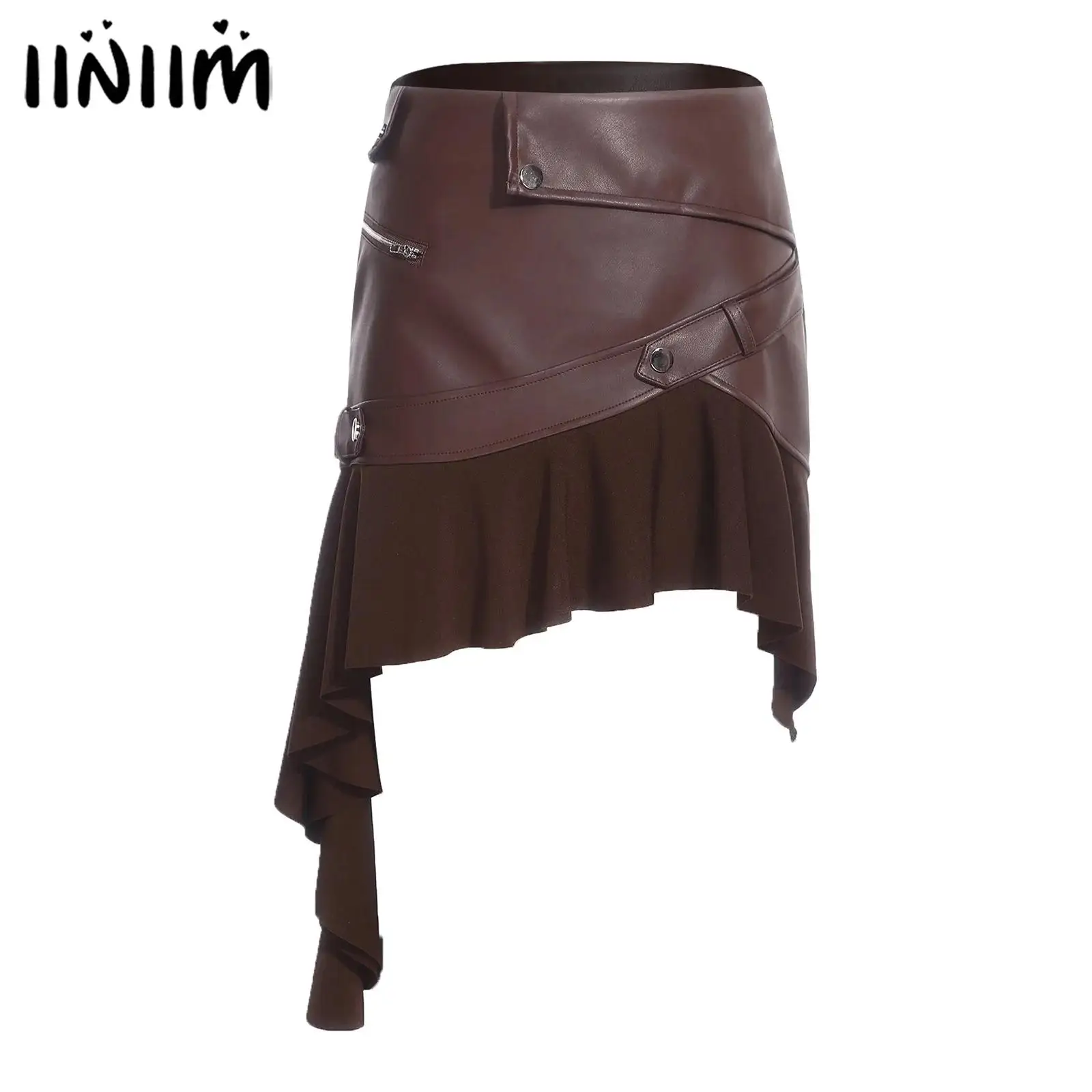 

Женская мини-юбка из искусственной кожи с пэчворком, с рюшами, асимметричным подолом, высокой талией, боковой молнией, в уличном стиле, А-силуэт, стильная юбка-карандаш, одежда в стиле Y2K