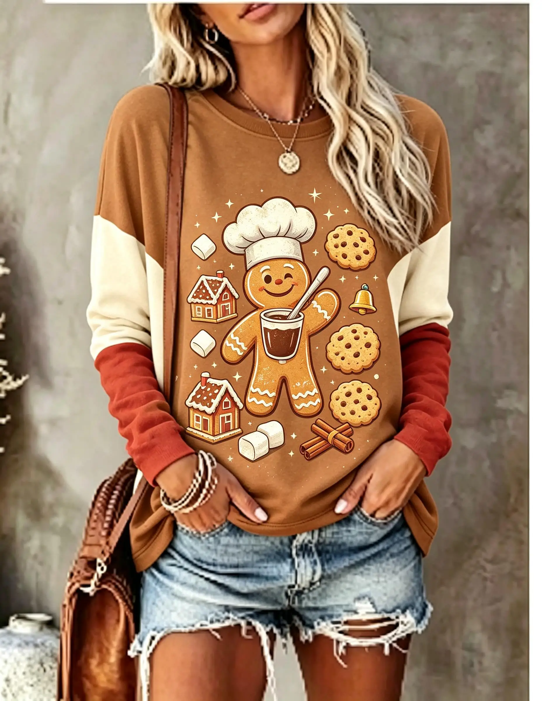 Women Long Sleeve T‑Shirt Christmas Chef Gingerbread Man Cookie House Color Block Print Crew Neck Casual Tops
