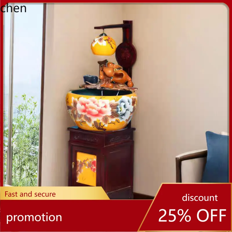 

HT Chinese Style Hand-painted Ceramic Fish Tank with Cabinet Circulating Water Landscaping Decoration Floor-standing Ornament