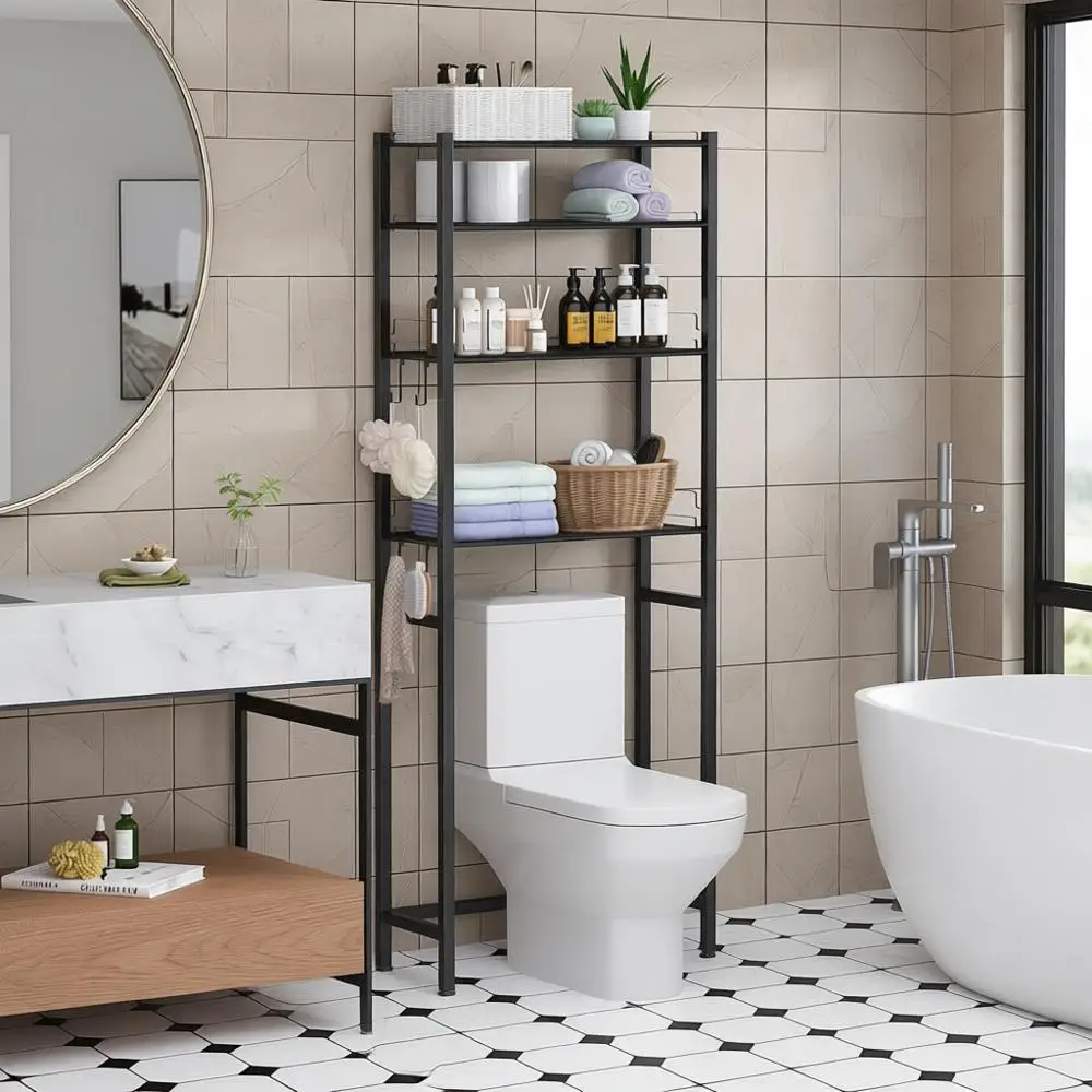 

4-Tier Adjustable Height Toilet Storage Rack, Space-Saving Black Bathroom Organizer Shelves
