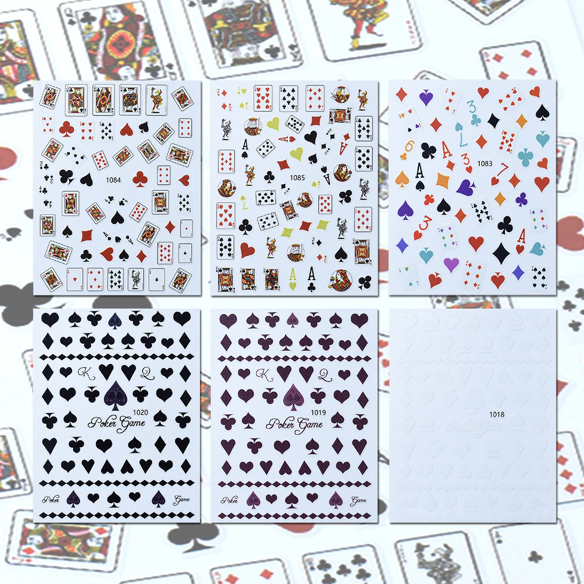 3/6 folhas poker jogando cartão adesivos de arte do prego preto branco e vermelho tema decalques do prego coração diamante design diy manicure