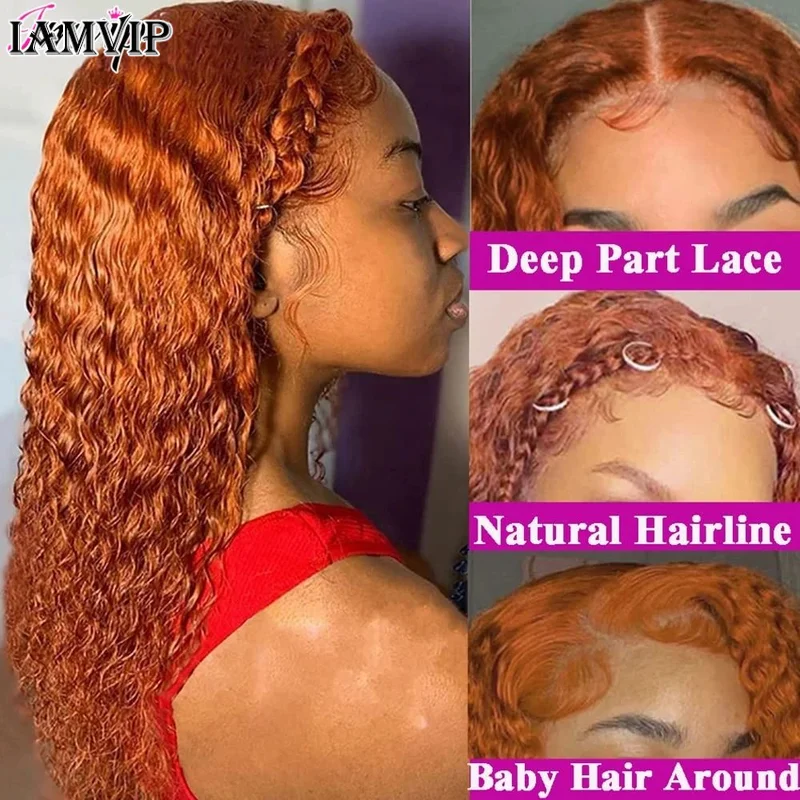 34 Inch Ginger Orange Color 13x6 Full Lace Front Wigs Water Curly Human Hair Wigs 13x4 HD Transparent Deep Wave Lace Frontal Wig