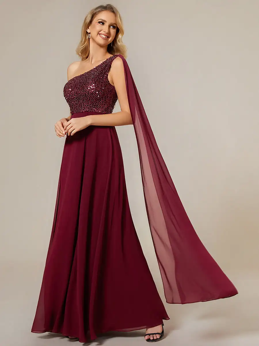 Elegant Evening Dresses Bodice One Shoulder Sleeveless Shiny Sequin 2024 Ever pretty of A-Line Chiffon Burgundy Bridesmaid dress