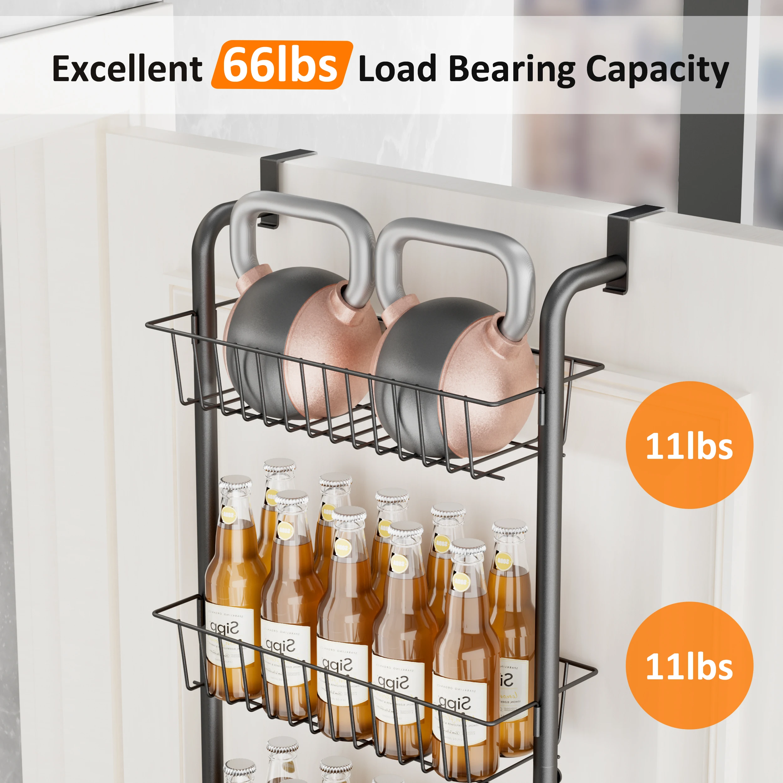 منظم أبواب PrettyCare مكون من 6 أرفف ورف معدني شديد التحمل لتنظيم المطبخ، أسود، BA01