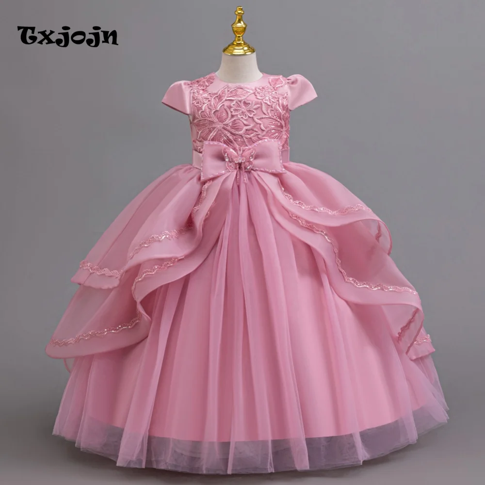 Girl's Dress 3-14 Years Old Girl's Bow Cap Sleeve Princess Dress Long Mesh Dress Wedding Dress Flower Girl Performance Dress