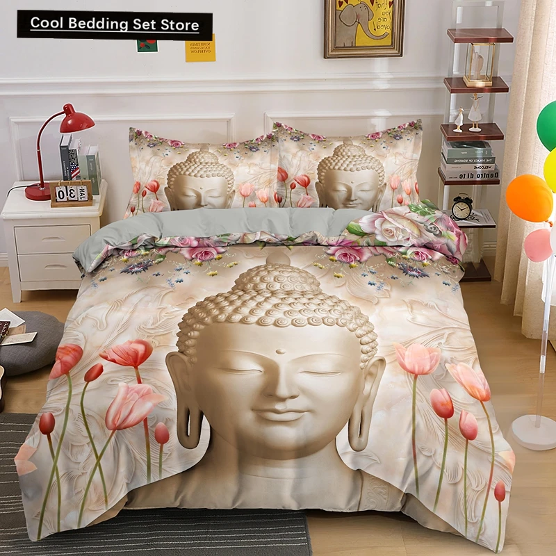 Buddha Bedding Set Indian Religion Buddhism Meditation Mandala Duvet Cover Smile Buddha Floral Soft Quilt Cover Queen King Size