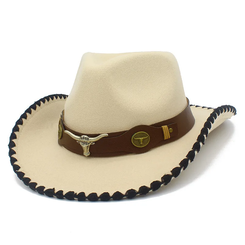 Retro Rolled Brim Western Cowboy Hat with Bull Logo European American Style Wool Felt Top Hat Unisex Outdoor Jazz Hat for All Se