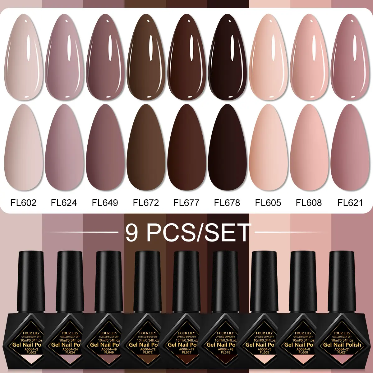 FOUR LILY 9 Pz/set 10ml Gel Colorato Smalto Per Unghie Rosa Rosso Neon Caffè Colore Gel UV Per Le Unghie Unghie artistiche Kit Manicure Forniture Per Unghie